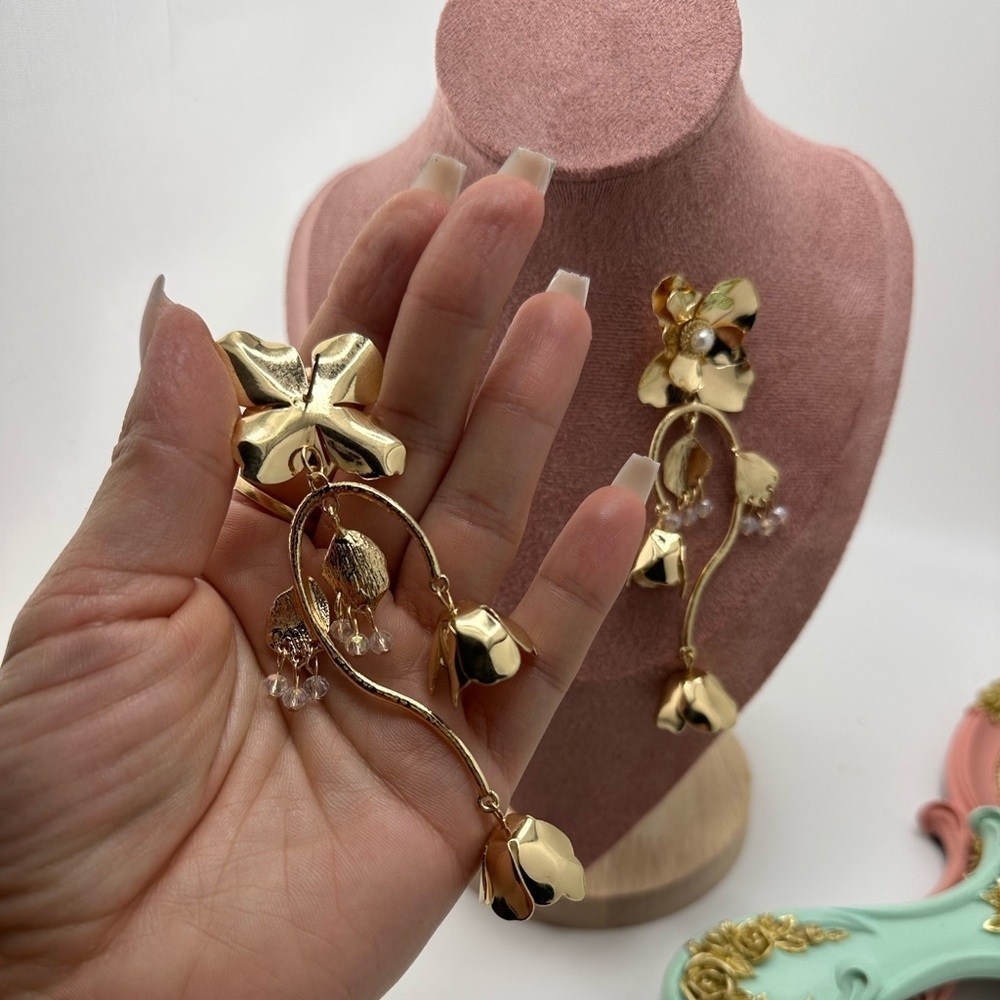 Gold Floral Drop Earrings - Picture 7 of 11
